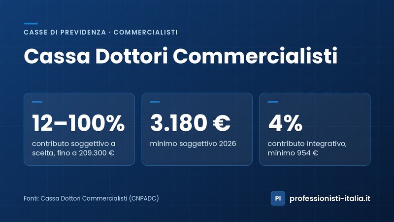 Contributi Cassa Dottori Commercialisti 2026: soggettivo dal 12% al 100%, minimo di 3.180 €, integrativo del 4%