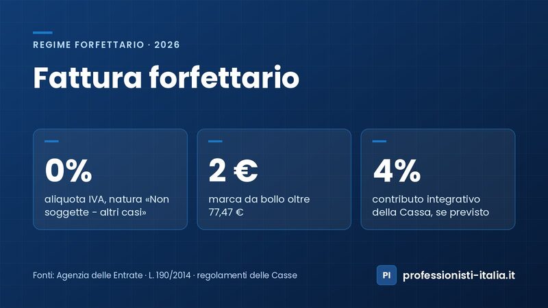 Fattura forfettario: IVA allo 0% con natura «Non soggette - altri casi», marca da bollo da 2 € oltre 77,47 € e integrativo del 4%