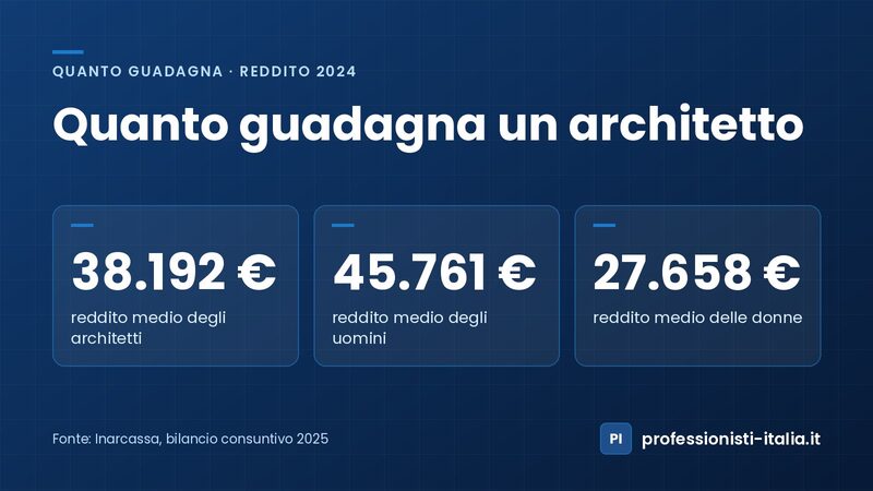 Quanto guadagna un architetto libero professionista: reddito medio 2024 di 38.192 €, 45.761 € gli uomini e 27.658 € le donne