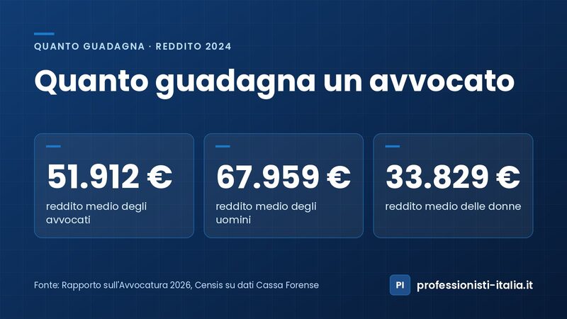Quanto guadagna un avvocato: reddito medio 2024 di 51.912 €, 67.959 € gli uomini e 33.829 € le donne