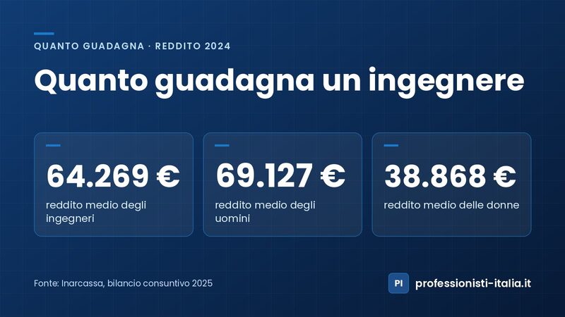 Quanto guadagna un ingegnere libero professionista: reddito medio 2024 di 64.269 €, 69.127 € gli uomini e 38.868 € le donne